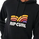 Canguro negro con capucha y cordones ajustables, bolsillo tipo canguro y logo Rip Curl con diseño de ondas de colores en el pecho.