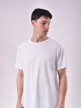 Remera básica de manga corta y cuello redondo, color blanco liso.
