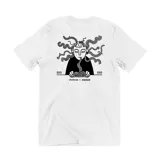 Remera blanca de algodón con estampa gráfica en color negro en la espalda, que representa una figura comiendo fideos con estilo artístico lineal.