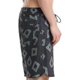 Short de baño Volcom modelo Contact Scallop Stoney, color negro con estampado geométrico de rombos en tono verde grisáceo. Presenta cintura con cordón ajustable y largo de 19 pulgadas.