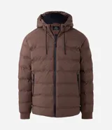 Campera puffer deportiva color verde militar, sin costuras, con capucha ajustable por cordón, bolsillos laterales con cierre y cierre frontal por cremallera.