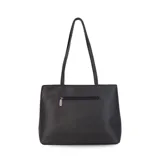 Cartera tipo tote de cuero sintético con diseño combinado en tono gris y blanco, textura granulada, asas largas para el hombro y cierre superior.