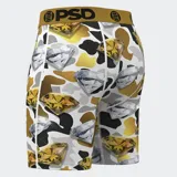 Calzoncillos bóxer de hombre con estampado de camuflaje en tonos blanco, negro, gris y dorado. Presenta diamantes dorados y plateados estampados y una boca de tiburón dorada y negra en el frente. Cintura elástica dorada con logo PSD en negro.