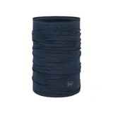 Bufanda tubular multifuncional Buff Merino Heavyweight, color azul melange, confeccionada 100% en lana merino con logo de la marca bordado en el lateral.