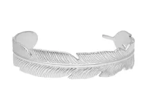 Esclava rígida de acero plateado con diseño de pluma.