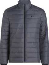 Campera puffer gris con cuello alto y cierre frontal con cremallera. Tiene bolsillos laterales con cremallera y logo de Calvin Klein en el pecho y en la manga.