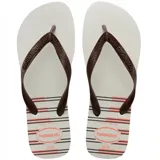 Ojotas Havaianas modelo Top Basic, color negro con diseño de franjas horizontales en tonos naranja y amarillo en la base. Presentan tiras negras con textura y logo de la marca en relieve.