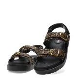Sandalias de plataforma baja Miss Carol modelo Naira, con capellada de animal print tipo leopardo, dos tiras ajustables con hebillas doradas y suela negra dentada.