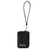 Billetera Guess modelo Elliot de color negro, confeccionada en símil cuero con diseño en relieve del logo de la marca. Cuenta con cierre perimetral, ranuras para tarjetas en el exterior, correa de muñeca desmontable y herrajes metálicos en tono dorado, incluyendo el nombre de la marca en el frente.