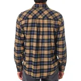 Camisa de franela a cuadros color mostaza, azul y negro, de manga larga, con cuello abotonado y bolsillo en el pecho. Corte clásico.