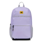 Mochila unisex color lila con base negra, bolsillo frontal con cierre, compartimento principal con cierre, bolsillos laterales de malla y presillas frontales para accesorios. Las correas de los hombros son ajustables y transpirables.