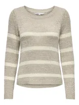 Sweater de punto con cuello redondo y manga larga, con diseño de rayas horizontales en tonos beige y crema.