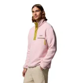 Polar Columbia Helvetia Half Snap de color rosado con detalles en verde oliva y ribetes grises. Cuenta con cuello alto, cierre frontal parcial con botones a presión y un bolsillo con cierre en el pecho.