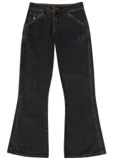 Pantalón jean negro con lavado stonewash, tiro medio, calce suelto y pierna oxford.