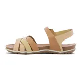 Sandalia de cuero para mujer, en combinación de colores marrón y beige, con diseño de tiras cruzadas en la parte delantera y tira con hebilla ajustable en el talón.