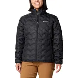 Campera puffer Columbia modelo Delta Ridge II Jacket Heat Seal, color negro con diseño de chevron termosellado, cuello alto, cierre frontal y bolsillos laterales con cierre. Incluye la tecnología Omni-Heat reflectante y aislamiento de plumón.