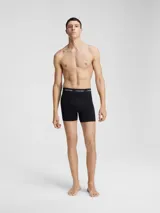 Pack de tres calzoncillos tipo boxer brief de algodón elástico, color negro, con cintura elástica distintiva de la marca Calvin Klein.