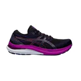 Championes de running Asics Gel-Kayano 29, color negro con detalles en fucsia y blanco. Presentan tecnología FF Blast+ en la entresuela para mayor amortiguación y diseño de malla transpirable.