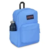 Mochila JanSport SuperBreak Plus color celeste, con compartimento interno para laptop y bolsillo lateral para botella.