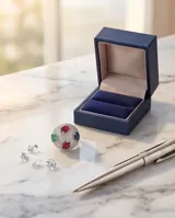 Anillo de plata 925 con diseño bombe, completamente pavimentado con circonias blancas y decorado con cuatro piedras naturales ovaladas: rubí, esmeralda y zafiro azul.
