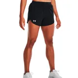 Short deportivo Under Armour para mujer, color negro, con logo reflectivo en la pierna izquierda y cintura elástica. Diseñado para running y entrenamiento.