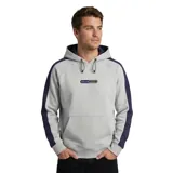 Canguro con capucha Billabong, color gris con franjas laterales en azul marino. Presenta cordones ajustables en la capucha, bolsillo tipo canguro frontal y logo de la marca estampado en el pecho.