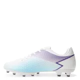 Championes de fútbol Topper modelo Stingray III Mach 1 FG, color blanco con detalles en violeta y celeste. Diseñados con suela para césped natural seco, ofrecen tracción, estabilidad y ligereza para un mejor rendimiento en el campo.