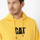Canguro amarillo con capucha ajustable y bolsillo tipo canguro. Logo CAT estampado en negro en el pecho.
