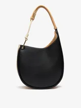 Bolso de hombro Adolfo Dominguez modelo Cumbre II, de diseño redondeado tipo media luna. Confeccionado en tejido con recubrimiento de poliuretano de textura granulada en color tostado, con detalles en blanco y asa corta tubular ajustable con pieza metálica. Incluye un compartimento principal con cierre de cremallera y bolsillo interior. Logo grabado en la parte frontal.
