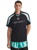 Camiseta deportiva de manga corta con cuello en V y diseño de paneles en hombros. Presenta el logo de Mansory en el pecho y detalles en color turquesa y blanco sobre base negra.