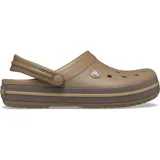 Zuecos Crocs modelo Crocband™ en color lila claro con plataforma blanca y una línea decorativa morada. Presentan el diseño clásico con orificios de ventilación y tira trasera ajustable.