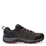 Championes de trekking Merrell modelo Crosslander 3, color gris con detalles en negro y rojo. Confeccionados en una combinación de cuero y textil, cuentan con suela Vibram para mayor tracción y tecnología de amortiguación en el talón.