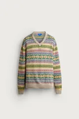 Jersey de punto regular fit, tejido en hilatura de lino, con cuello en V y manga larga. Presenta un diseño de patrones geométricos multicolores y acabados en rib. Colección especial Aaron Levine x Zara.