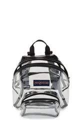 Mochila mini transparente de la marca JanSport con ribetes y correas en color lila pastel. Cuenta con un compartimento principal y un bolsillo frontal con cierre.