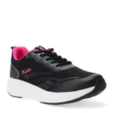 Championes deportivos Push de tejido de malla negro con detalles en fucsia. Presentan suela blanca con diseño ondulado y cierre mediante cordones negros.
