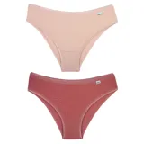 Pack de dos bombachas tipo bikini de modal, una en color beige y otra en color rosado oscuro, ambas con elástico brillante en la cintura.