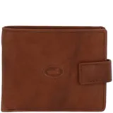 Billetera de cuero marrón RKF, modelo Volante, con cierre de presilla y logo grabado en relieve.