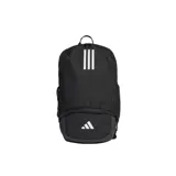 Mochila Adidas Tiro 23 negra con tres tiras blancas y logo de Adidas en blanco. Cuenta con correas acolchadas, compartimento para championes y está fabricada con materiales reciclados.