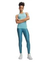 Calza deportiva Under Armour HeatGear de tiro medio, color turquesa, con cintura elástica ancha estampada con el logo de la marca y ajuste ceñido al cuerpo.