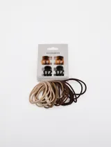 Set de accesorios para el cabello compuesto por pinzas pequeñas tipo mini clip y colitas elásticas en tonos neutros como beige, marrón y negro.