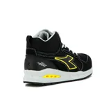 Championes de seguridad tipo bota de caña media, color negro con detalles en amarillo y blanco. Presentan cordones claros, suela con tecnología de amortiguación visible y diseño robusto.