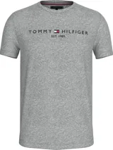 Remera gris de algodón con cuello redondo y logo de Tommy Hilfiger bordado en el pecho.