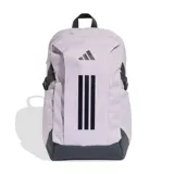 Mochila deportiva Adidas modelo Power VIII, color lavanda con base y detalles en gris oscuro. Presenta el logo de la marca y las tres tiras características en color negro en el frente. Cuenta con correas de ajuste laterales y compartimento principal con cierre.