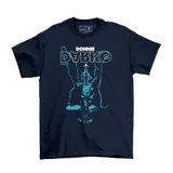 Remera de algodón color azul marino con estampa frontal en tonos celestes y blancos inspirada en la película Donnie Darko, presentando el título y la silueta del conejo Frank.