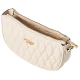 Cartera pequeña tipo media luna de color blanco hueso, con diseño acolchado en patrón de rombos. Cuenta con cierre superior y correa ajustable para llevar al hombro. Presenta un logo metálico dorado de Guess en el frente.