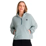 Buzo polar celeste de corte holgado, con cuello alto con cierre de media cremallera azul y logo de la marca bordado en el pecho.