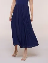Vestido midi azul marino combinado con parte superior de algodón y elastano de cuello redondo sin mangas, y falda fruncida de broderie calado de poliéster y elastano con forro a tono.