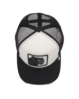 Gorra tipo trucker con frente blanco, visera negra y parte trasera de malla negra. Presenta un parche bordado en el frente con la imagen de una pantera y la palabra Panther.