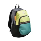 Mochila Rip Curl modelo Ozone Cool 30L Blocker, color lima con detalles en azul marino y turquesa. Presenta un bolsillo frontal con cierre, un asa superior y correas ajustables. Incluye un detalle de cinta decorativa con patrón étnico en la parte frontal y un llavero colgante.