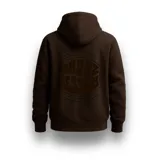 Hoodie de algodón pesado color marrón oscuro, con capucha y puños y ruedo acanalados. Presenta un estampado tonal en la espalda con tipografía orgánica que dice "Dropz Session" enmarcado por líneas curvas concéntricas.